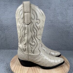 Max Leather Boots Mens Size 7 EE White Genuine Ostrich Leather Exotic Cowboy